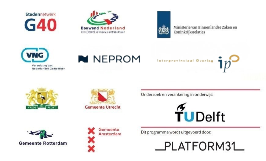 Logo's van overheden, marktpartijen en kennisinstellingen die in het programma Stedelijke transformatie samenwerken.